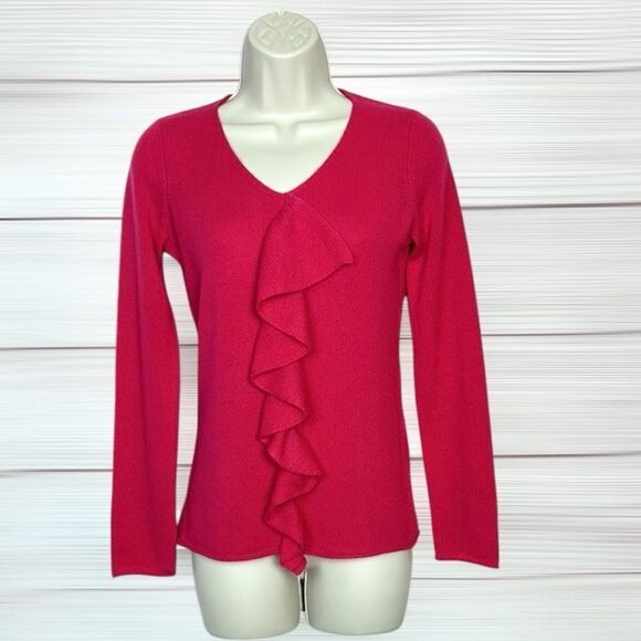 Saks Fifth Avenue Cashmere Sweater Raspberry Color V-neck Ruffle Detail XS - Picture 1 of 12